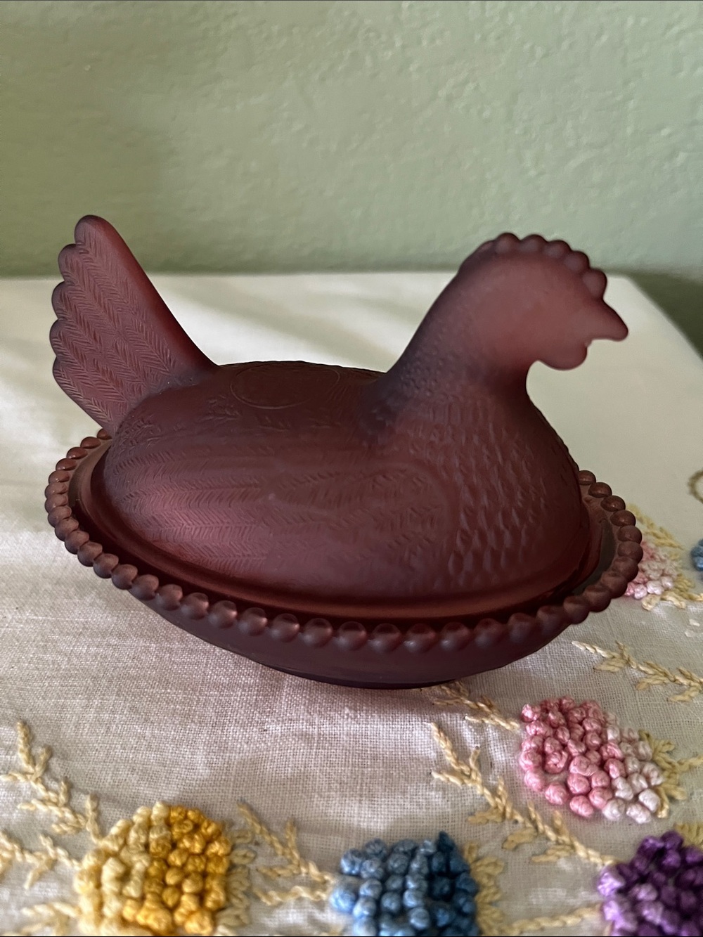 Matte Burgundy Glass Hen on Nest Covered Dish Farmhouse Decor